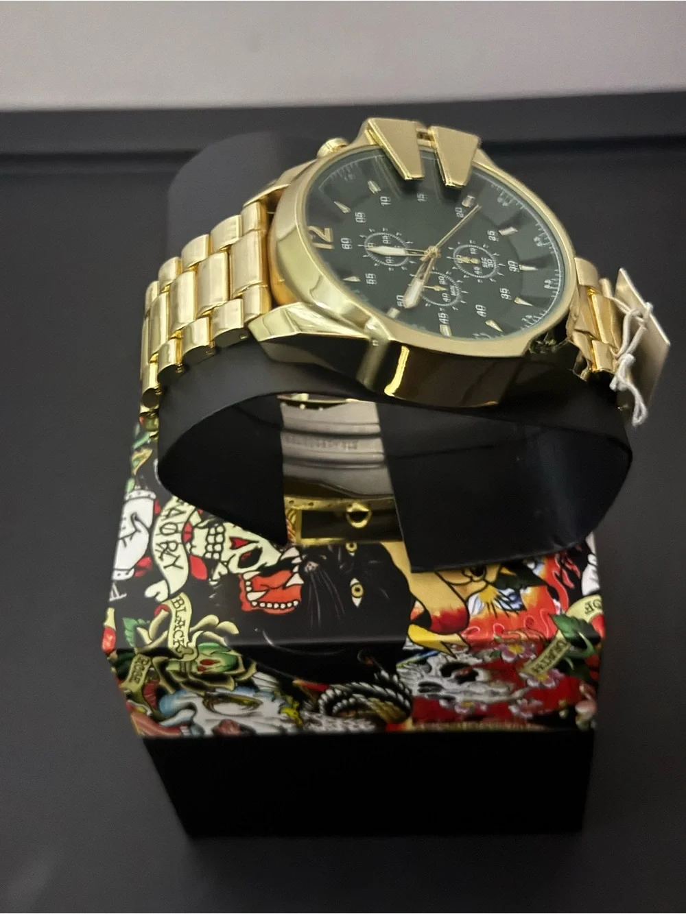 Ed Hardy Gold-Tone Men's Watch with Green Dial